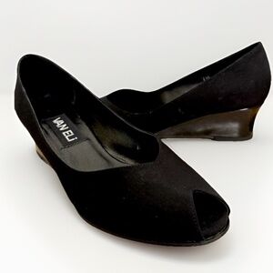 Vaneli Black Microfiber Peep Toe Shiny Patent Wedge Size 7M